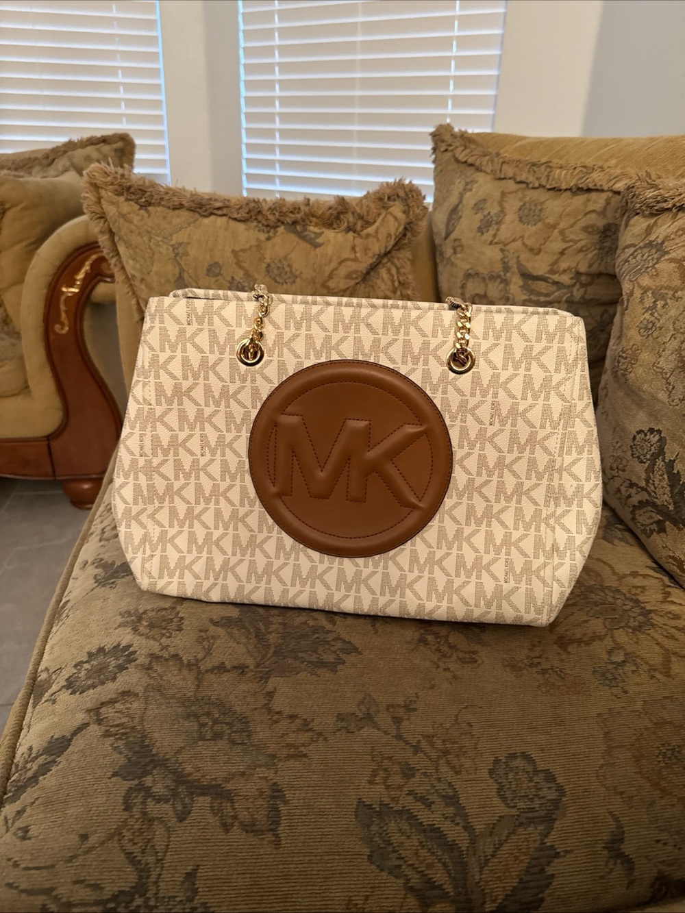 Michael Kors White and Tan MK Circle Logo Chain-Handle Tote